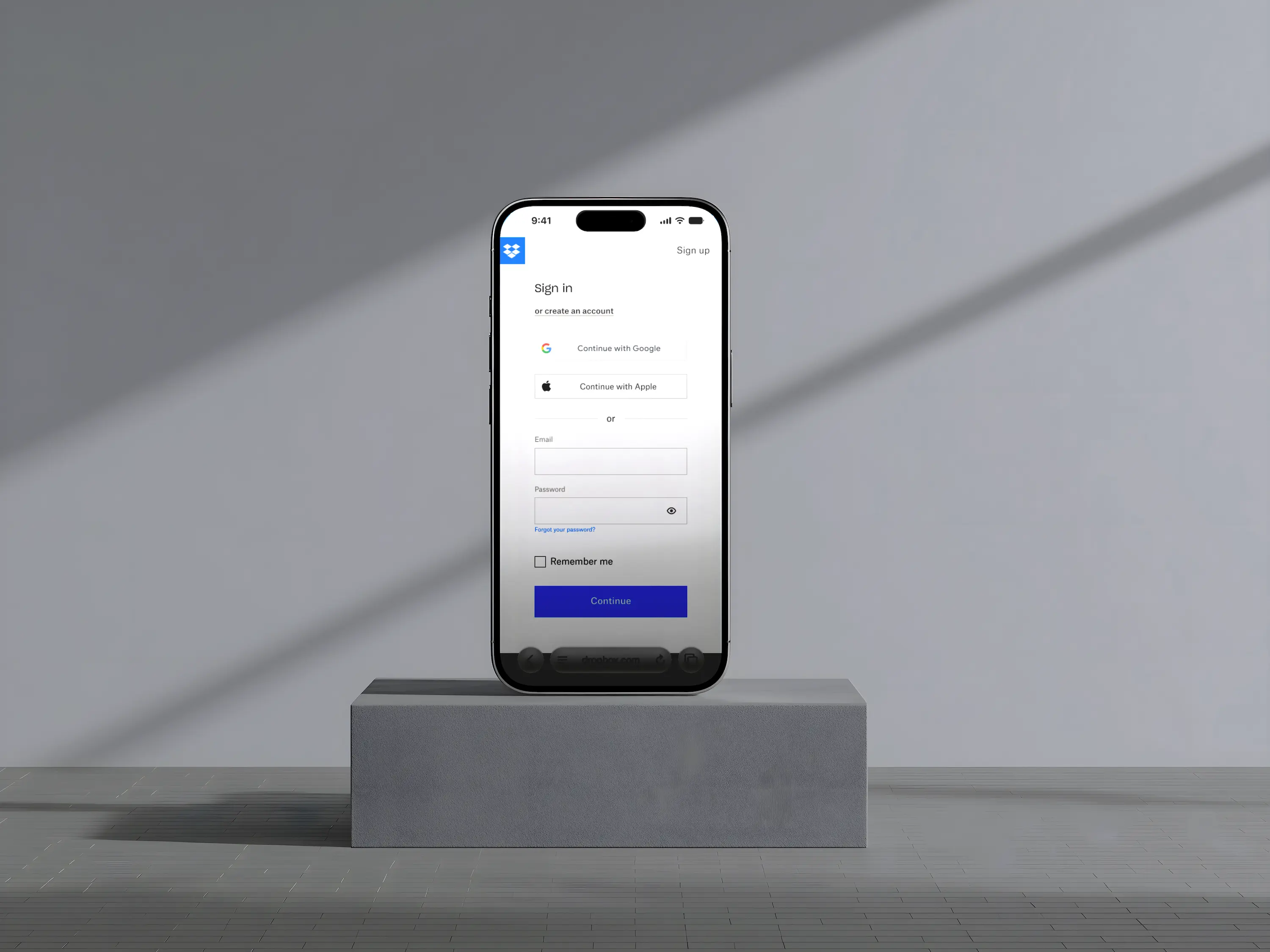Dropbox Sign In and Up on a 